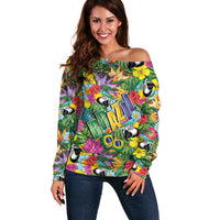 Macaw Parrot Brazil Off Shoulder Sweater Maracas Seamless Tropical Flowers