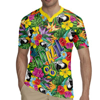 Macaw Parrot Brazil Rugby Jersey Maracas Seamless Tropical Flowers
