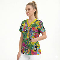 Macaw Parrot Brazil Scrub Top Maracas Seamless Tropical Flowers