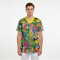 Macaw Parrot Brazil Scrub Top Maracas Seamless Tropical Flowers