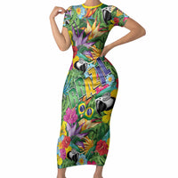 Macaw Parrot Brazil Short Sleeve Bodycon Dress Maracas Seamless Tropical Flowers