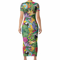 Macaw Parrot Brazil Short Sleeve Bodycon Dress Maracas Seamless Tropical Flowers