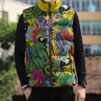 Macaw Parrot Brazil Sleeveless Puffer Jacket Maracas Seamless Tropical Flowers