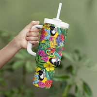 Macaw Parrot Brazil Tumbler With Handle Maracas Seamless Tropical Flowers