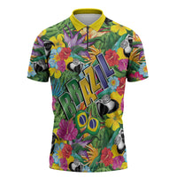 Macaw Parrot Brazil Zipper Polo Shirt Maracas Seamless Tropical Flowers