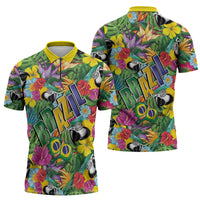 Macaw Parrot Brazil Zipper Polo Shirt Maracas Seamless Tropical Flowers
