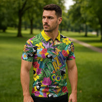 Macaw Parrot Brazil Zipper Polo Shirt Maracas Seamless Tropical Flowers