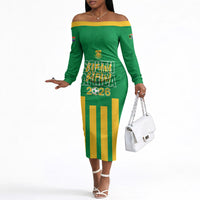 South Africa Soccer 2026 Custom Off The Shoulder Long Sleeve Dress Bafana Bafana Kaofela Protea Green
