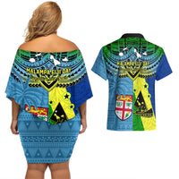 Malampa Fiji Day Couples Matching Off Shoulder Short Dress and Hawaiian Shirt Together We Grow Proud Polynesian Tapa Artsy - Wonder Print Shop