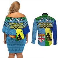 Malampa Fiji Day Couples Matching Off Shoulder Short Dress and Long Sleeve Button Shirts Together We Grow Proud Polynesian Tapa Artsy - Wonder Print Shop