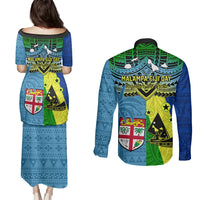 Malampa Fiji Day Couples Matching Puletasi Dress and Long Sleeve Button Shirts Together We Grow Proud Polynesian Tapa Artsy - Wonder Print Shop