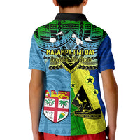 Kids polo shirt with black collar and blue-green back graphic patchwork