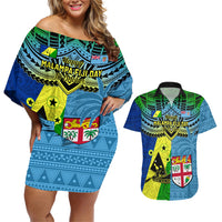 Custom Malampa Fiji Day Couples Matching Off Shoulder Short Dress and Hawaiian Shirt Together We Grow Proud Polynesian Tapa Artsy - Wonder Print Shop