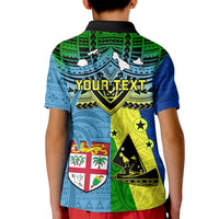 Kids' blue polo shirt with black collar and colorful graphic back design