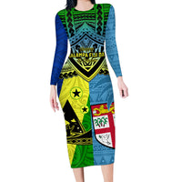 Custom Malampa Fiji Day Long Sleeve Bodycon Dress Together We Grow Proud Polynesian Tapa Artsy - Wonder Print Shop