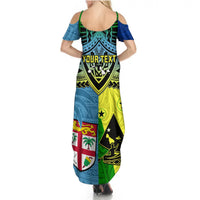 Women's back view cold-shoulder maxi dress with scoop back and multicolor print.