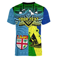 Custom Malampa Fiji Day Women V Neck T Shirt Together We Grow Proud Polynesian Tapa Artsy - Wonder Print Shop