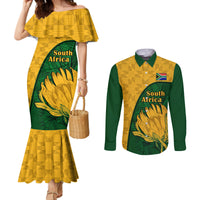 Yellow mermaid dress with green protea print and matching green button-up shirt, South Africa