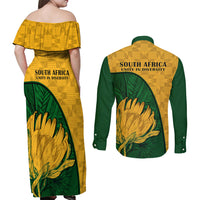 South Africa Couples Matching Off Shoulder Maxi Dress and Long Sleeve Button Shirts King Protea With Kente Pattern - Wonder Print Shop