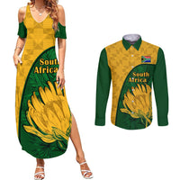 Couples matching maxi dress and long-sleeve button shirt set, yellow and green floral print