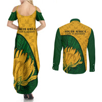 Couples matching maxi dress and long-sleeve button shirt set, back view, yellow-green floral print