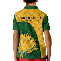 Kids yellow-green polo shirt back with South Africa Unity in Diversity text