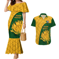 Yellow off-shoulder mermaid dress with green protea print and matching short-sleeve shirt