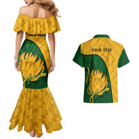 Mermaid dress back with yellow ruffled neckline and green protea panel; matching shirt back