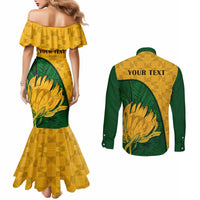 Back view yellow couples set: mermaid dress and button shirt with protea print and 'Your Text'