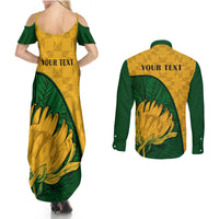 Matching maxi dress and button-up shirt set, back view: protea print, 'YOUR TEXT'.