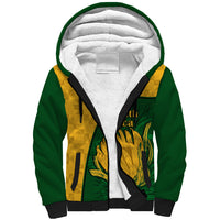 Sherpa hoodie with green body, yellow kente-style panels, white lining, protea print
