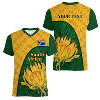 Custom South Africa Women V Neck T Shirt King Protea With Kente Pattern - Wonder Print Shop