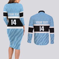Custom Botswana Cricket Couples Matching Long Sleeve Bodycon Dress and Long Sleeve Button Shirt Go Baggy Blues Zebra Mascot - Wonder Print Shop