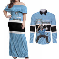 Custom Botswana Cricket Couples Matching Off Shoulder Maxi Dress and Long Sleeve Button Shirt Go Baggy Blues Zebra Mascot - Wonder Print Shop