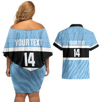 Custom Botswana Cricket Couples Matching Off Shoulder Short Dress and Hawaiian Shirt Go Baggy Blues Zebra Mascot - Wonder Print Shop