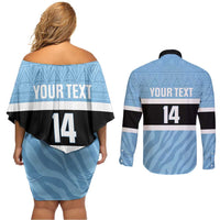 Custom Botswana Cricket Couples Matching Off Shoulder Short Dress and Long Sleeve Button Shirt Go Baggy Blues Zebra Mascot - Wonder Print Shop