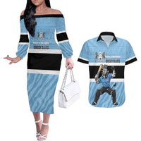 Custom Botswana Cricket Couples Matching Off The Shoulder Long Sleeve Dress and Hawaiian Shirt Go Baggy Blues Zebra Mascot - Wonder Print Shop