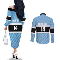 Custom Botswana Cricket Couples Matching Off The Shoulder Long Sleeve Dress and Long Sleeve Button Shirt Go Baggy Blues Zebra Mascot - Wonder Print Shop
