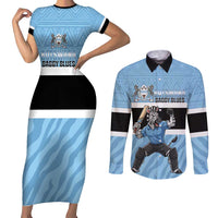 Custom Botswana Cricket Couples Matching Short Sleeve Bodycon Dress and Long Sleeve Button Shirt Go Baggy Blues Zebra Mascot - Wonder Print Shop