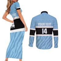 Custom Botswana Cricket Couples Matching Short Sleeve Bodycon Dress and Long Sleeve Button Shirt Go Baggy Blues Zebra Mascot - Wonder Print Shop
