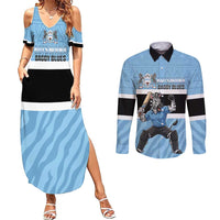 Custom Botswana Cricket Couples Matching Summer Maxi Dress and Long Sleeve Button Shirt Go Baggy Blues Zebra Mascot - Wonder Print Shop