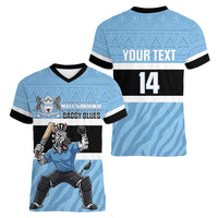 Custom Botswana Cricket Women V-Neck T-Shirt Go Baggy Blues Zebra Mascot - Wonder Print Shop