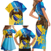 Personalised Bosnia and Herzegovina Independence Day Family Matching Short Sleeve Bodycon Dress and Hawaiian Shirt Lilium Bosniacum With Eagle Curve Style - Wonder Print Shop