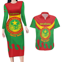 Personalised Mauritania Independence Day Couples Matching Long Sleeve Bodycon Dress and Hawaiian Shirt Coat Of Arms With Map Flag Color - Wonder Print Shop