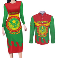 Personalised Mauritania Independence Day Couples Matching Long Sleeve Bodycon Dress and Long Sleeve Button Shirt Coat Of Arms With Map Flag Color - Wonder Print Shop