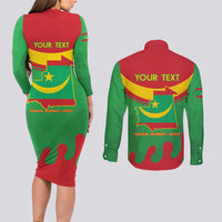 Personalised Mauritania Independence Day Couples Matching Long Sleeve Bodycon Dress and Long Sleeve Button Shirt Coat Of Arms With Map Flag Color - Wonder Print Shop