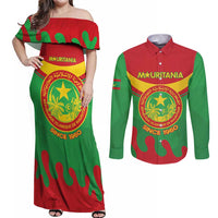 Personalised Mauritania Independence Day Couples Matching Off Shoulder Maxi Dress and Long Sleeve Button Shirt Coat Of Arms With Map Flag Color - Wonder Print Shop
