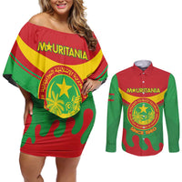 Personalised Mauritania Independence Day Couples Matching Off Shoulder Short Dress and Long Sleeve Button Shirt Coat Of Arms With Map Flag Color - Wonder Print Shop