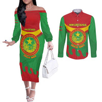 Personalised Mauritania Independence Day Couples Matching Off The Shoulder Long Sleeve Dress and Long Sleeve Button Shirt Coat Of Arms With Map Flag Color