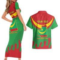 Personalised Mauritania Independence Day Couples Matching Short Sleeve Bodycon Dress and Hawaiian Shirt Coat Of Arms With Map Flag Color - Wonder Print Shop